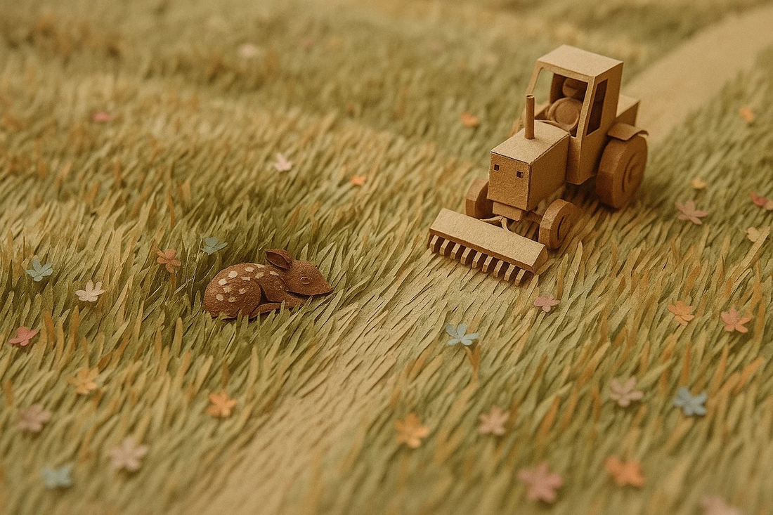 Nahaufnahme eines jungen Rehkitzes im hohen Gras, Symbol für den Schutz vor dem Mähtod durch die Deutsche Wildtierrettung e.V.