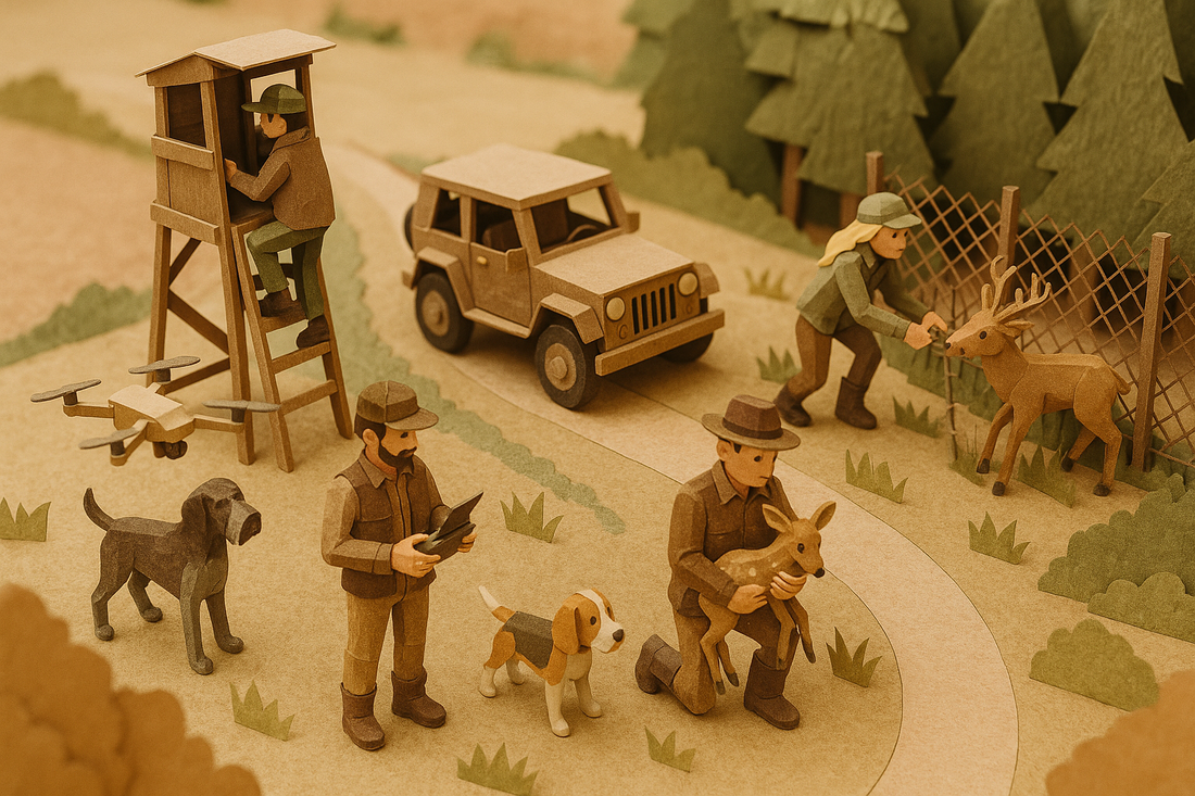 Vogelperspektive auf mehrere Jäger bei Hegearbeiten, Kitzrettung, Wildunfallhilfe und Artenschutzmaßnahmen im Revier.