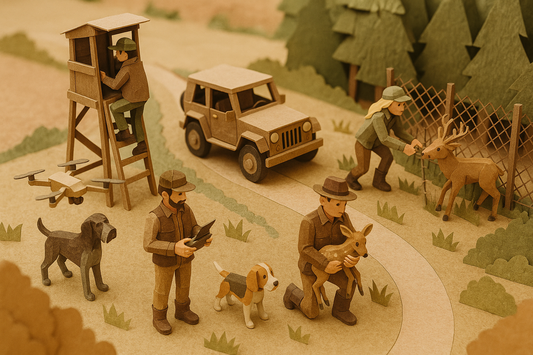 Vogelperspektive auf mehrere Jäger bei Hegearbeiten, Kitzrettung, Wildunfallhilfe und Artenschutzmaßnahmen im Revier.