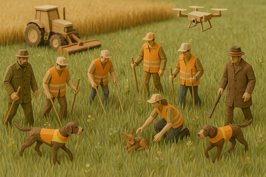 Junger Kitzretter mit Drohzen vor der Mahd.ne in einer grünen Wiese, bereit zur Suche nach Rehkit