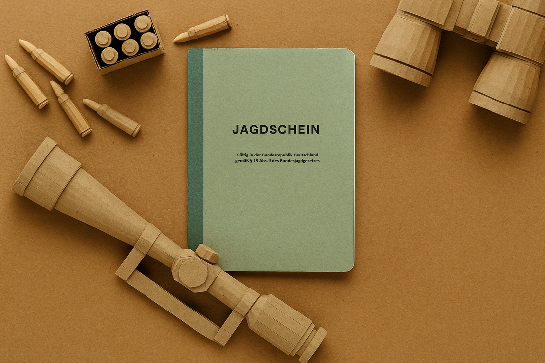 Deutscher Jagdschein, liegend auf einem Holztisch, symbolisch für den erfolgreichen Abschluss der Jägerprüfung.
